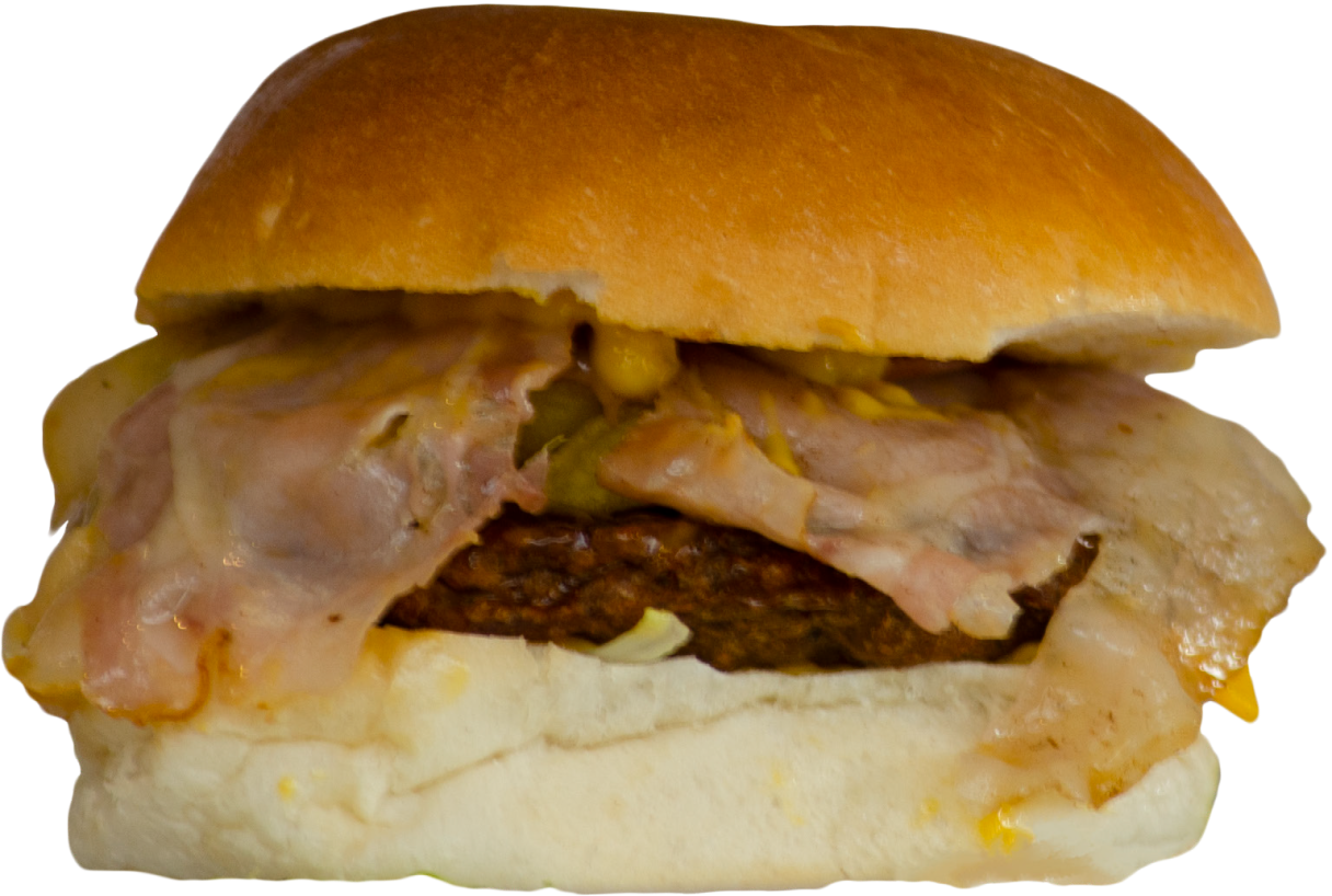 Baconburger + patat + cola, fanta of sprite